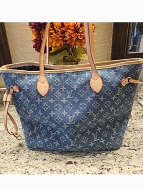 Blue Denim always full Monogram Laptop Tote with Tan Trim classic logo